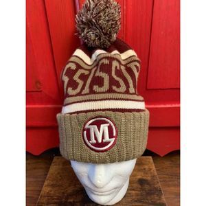 Mississippi Pom Pom Stocking Cap Burgundy Tan Winter Hat Beanie Cold Weather EUC